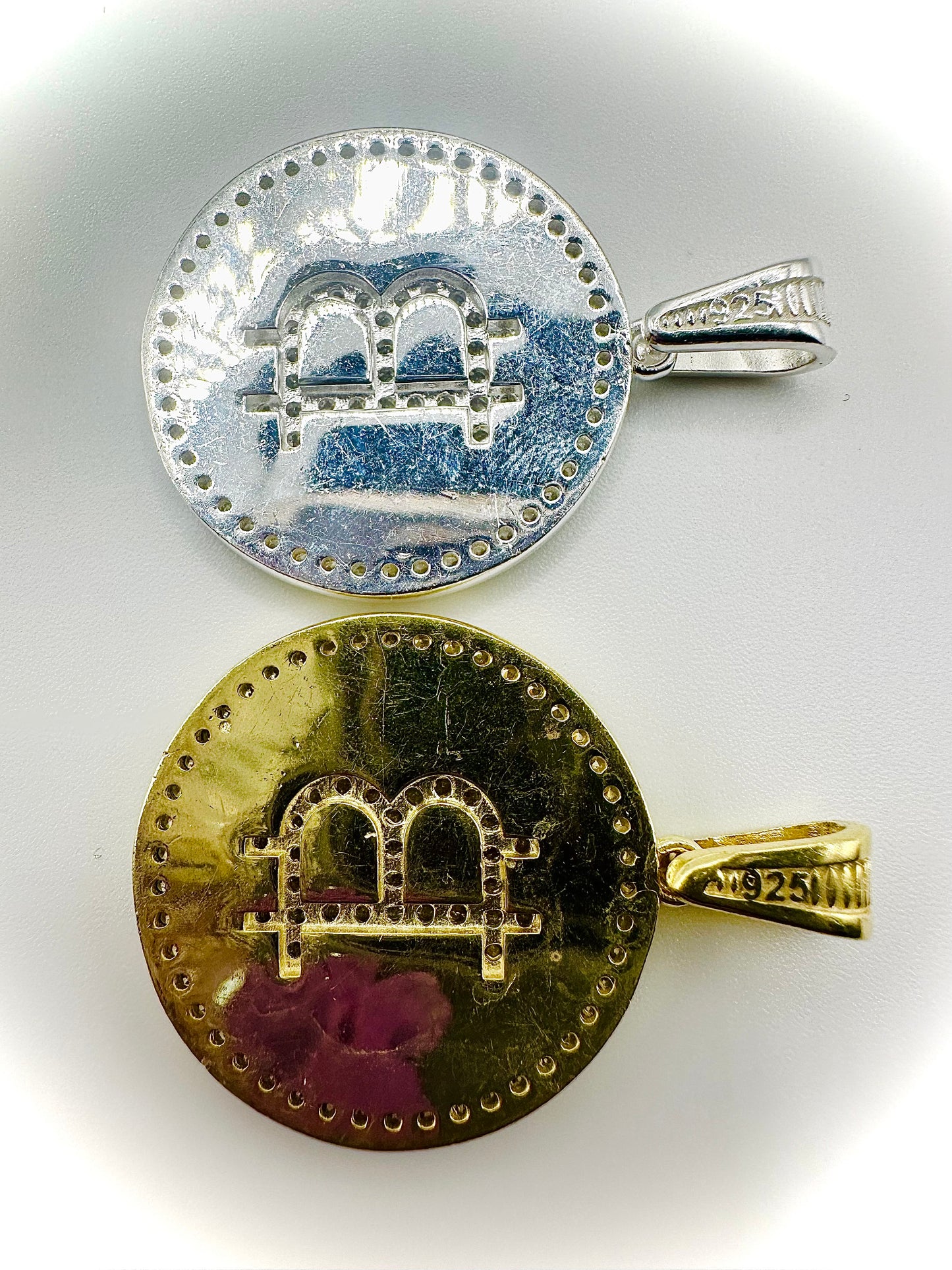 Iced Out Bitcoin Pendant – Gold & Silver