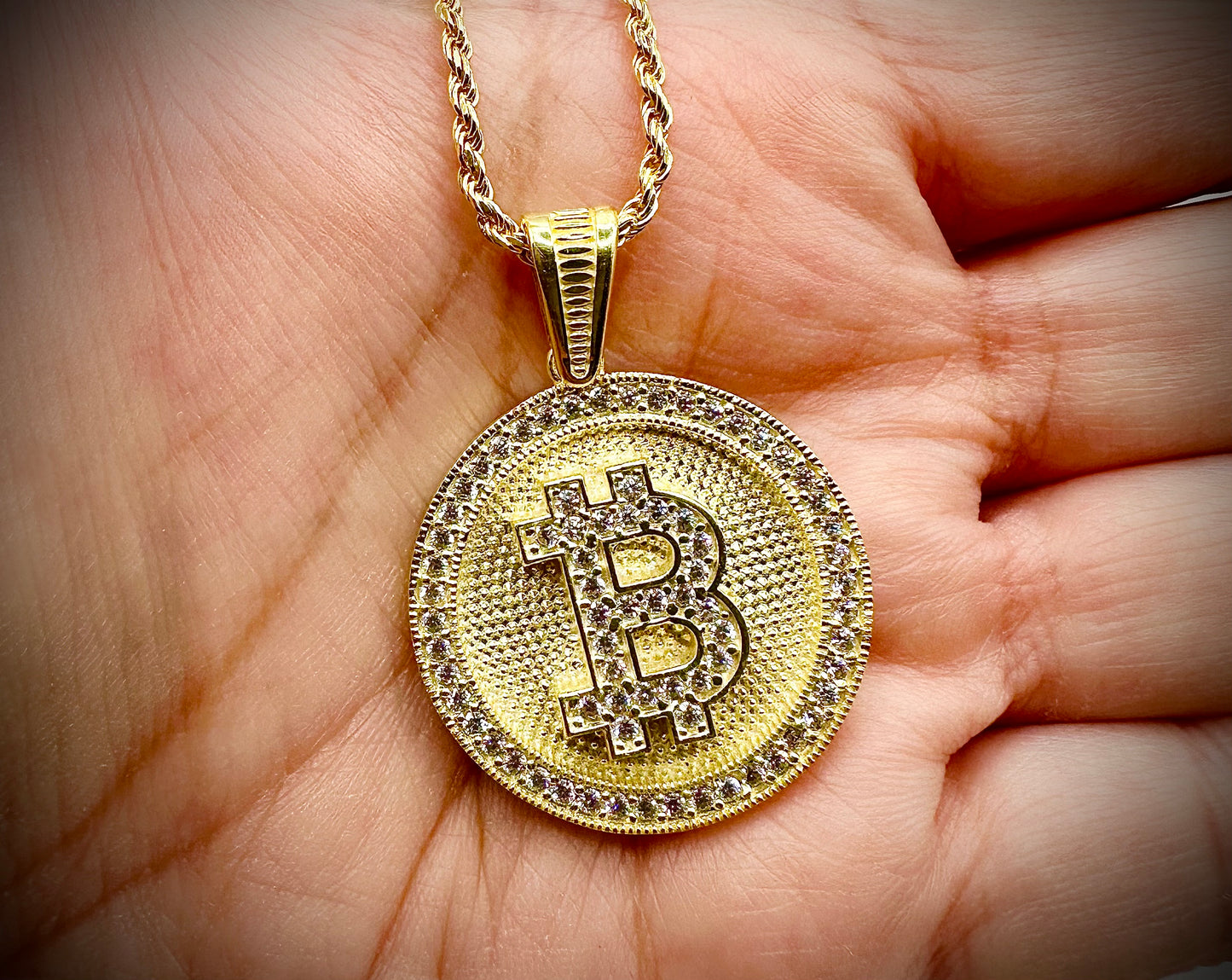 Iced Out Bitcoin Pendant – Gold & Silver