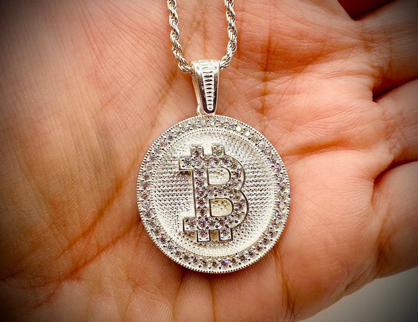 Iced Out Bitcoin Pendant – Gold & Silver