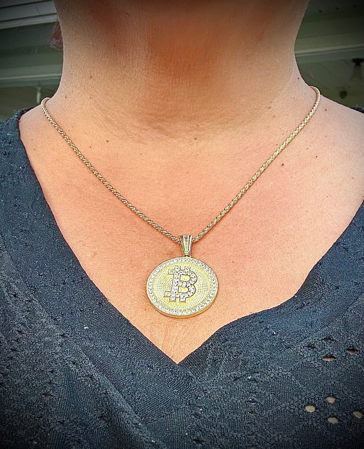Iced Out Bitcoin Pendant – Gold & Silver