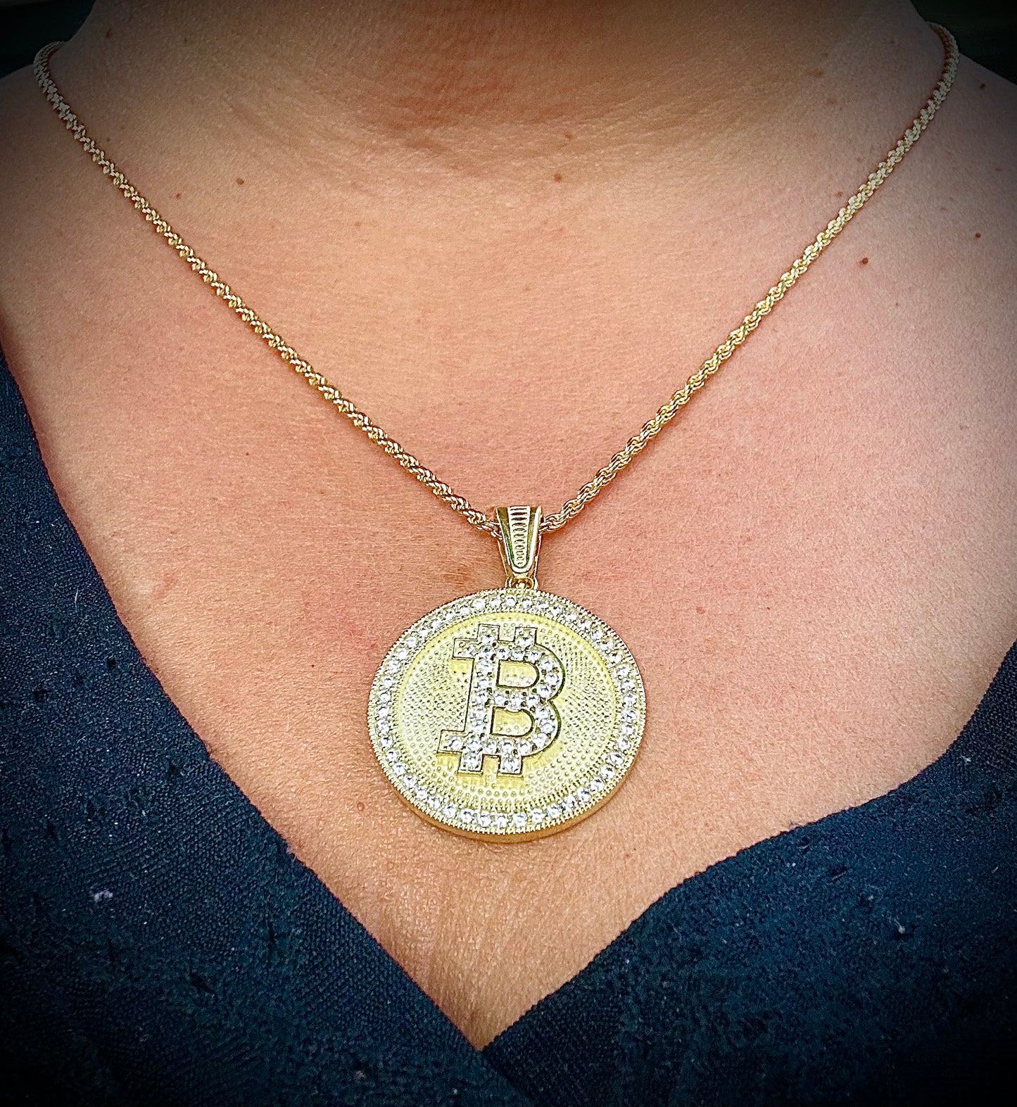 Iced Out Bitcoin Pendant – Gold & Silver