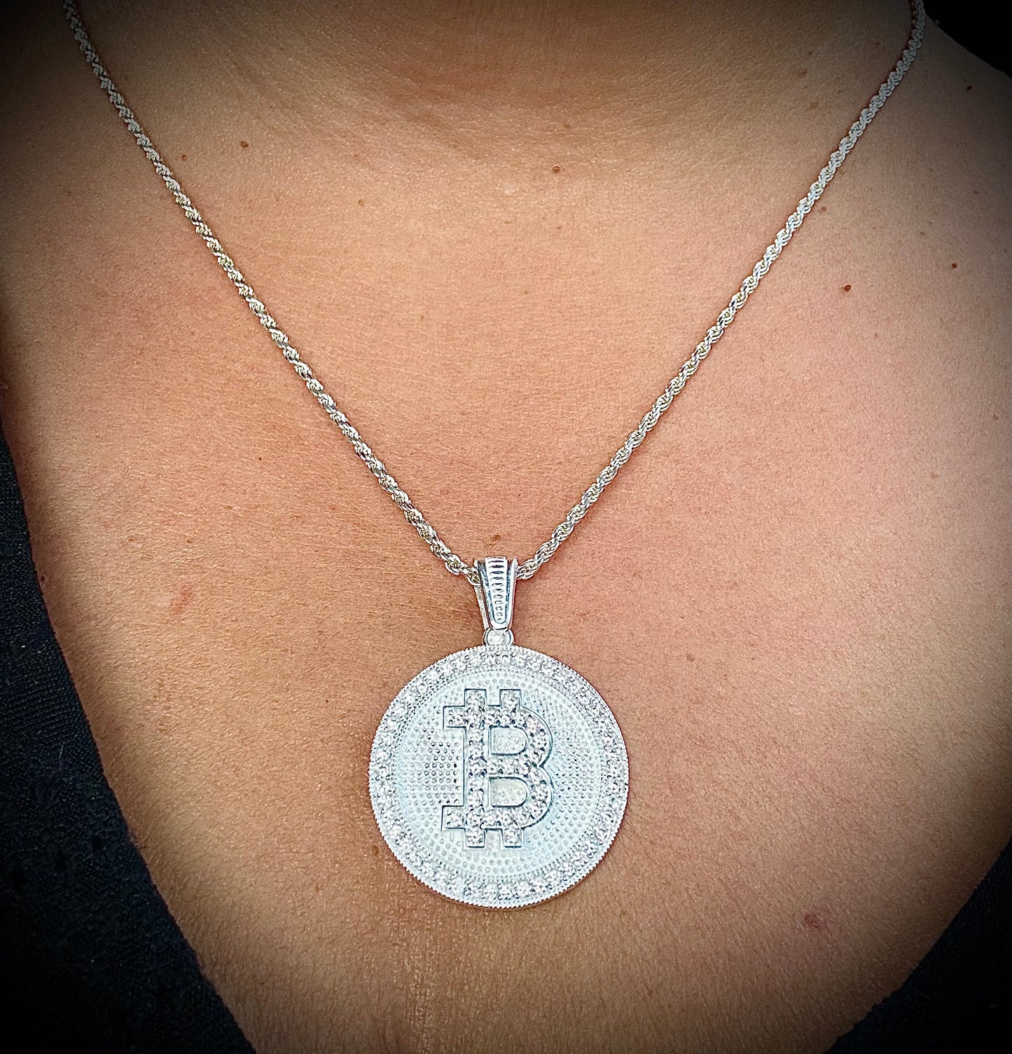 Iced Out Bitcoin Pendant – Gold & Silver