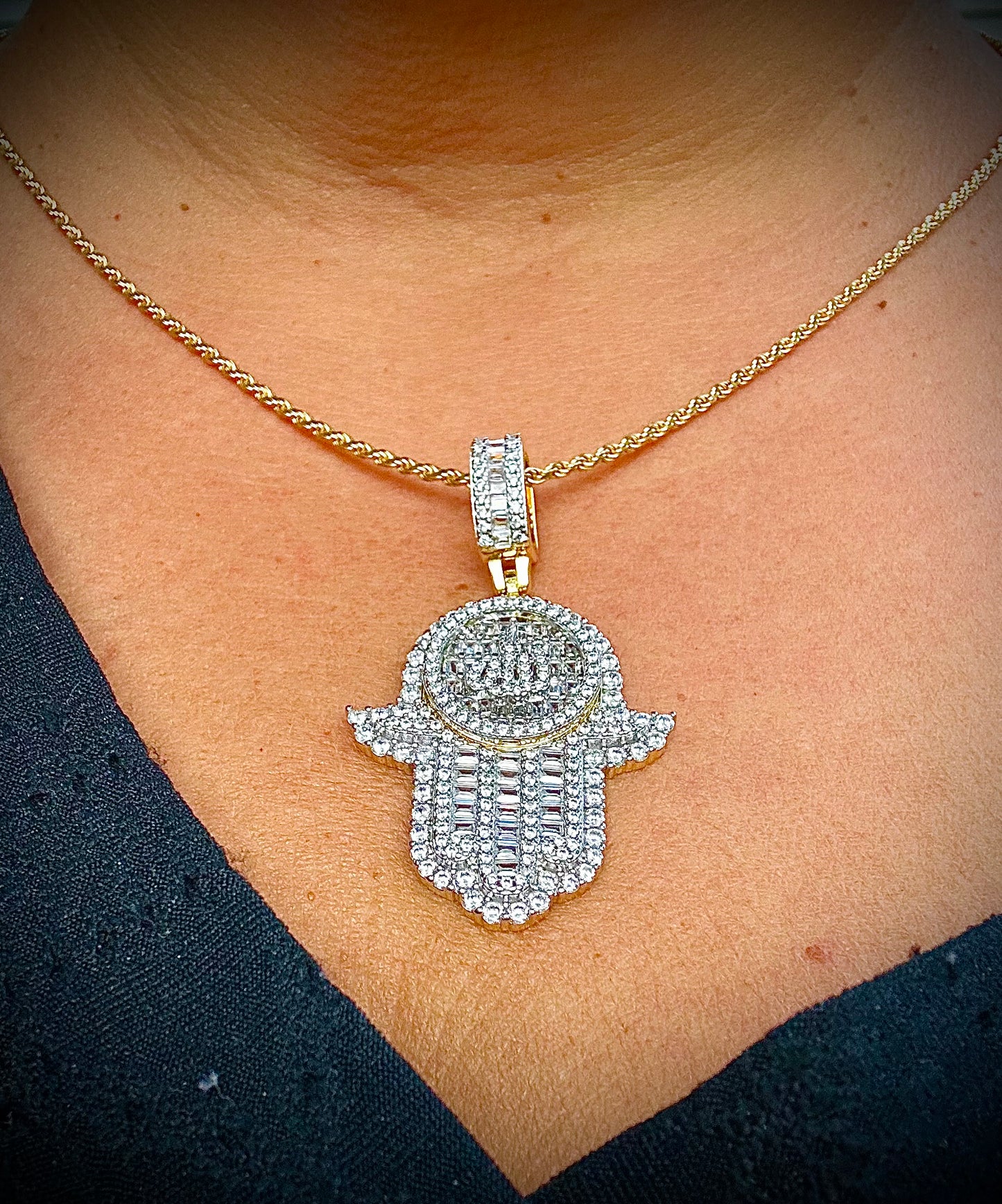 Iced Out Allah Hand of Fatima Hamsa Pendant – Gold or Silver