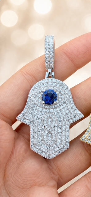 Moissanite Hamsa Evil Eye Pendant Simulated Sapphire Sterling Silver ~ Gold or Rhodium Finish