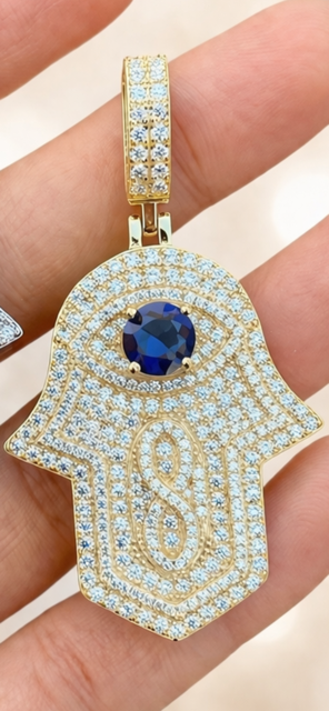 Moissanite Hamsa Evil Eye Pendant Simulated Sapphire Sterling Silver ~ Gold or Rhodium Finish