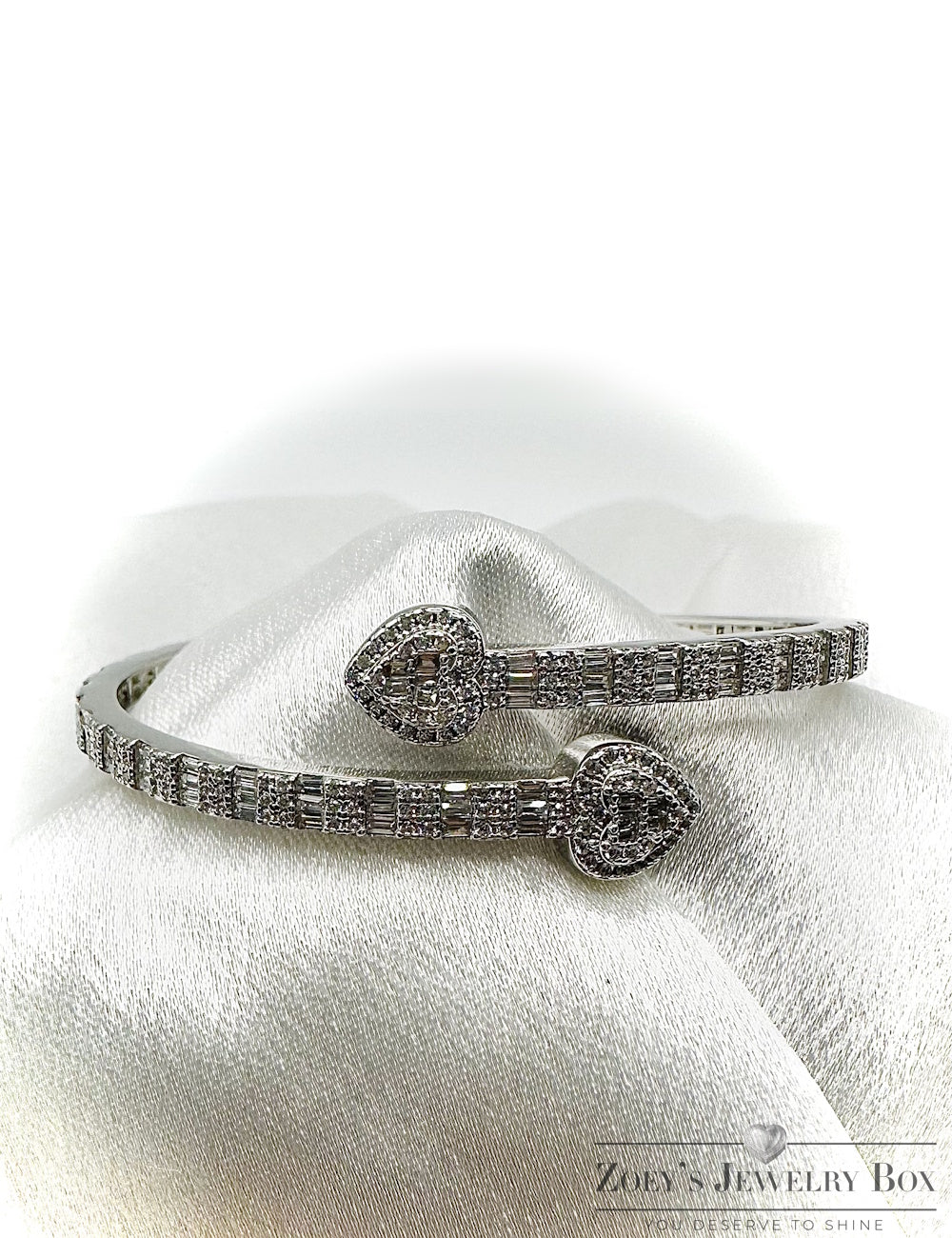 Iced Out Silver Heart Bangle Bracelet – Sterling Silver & CZ