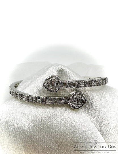 Iced Out Silver Heart Bangle Bracelet – Sterling Silver & CZ