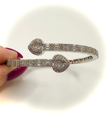 Iced Out Silver Heart Bangle Bracelet – Sterling Silver & CZ