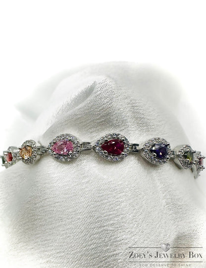 Multi-Color Pear Shaped Teardrop Tennis Bracelet – Sterling Silver
