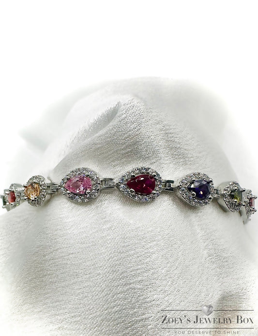 Multi-Color Pear Shaped Teardrop Tennis Bracelet – Sterling Silver