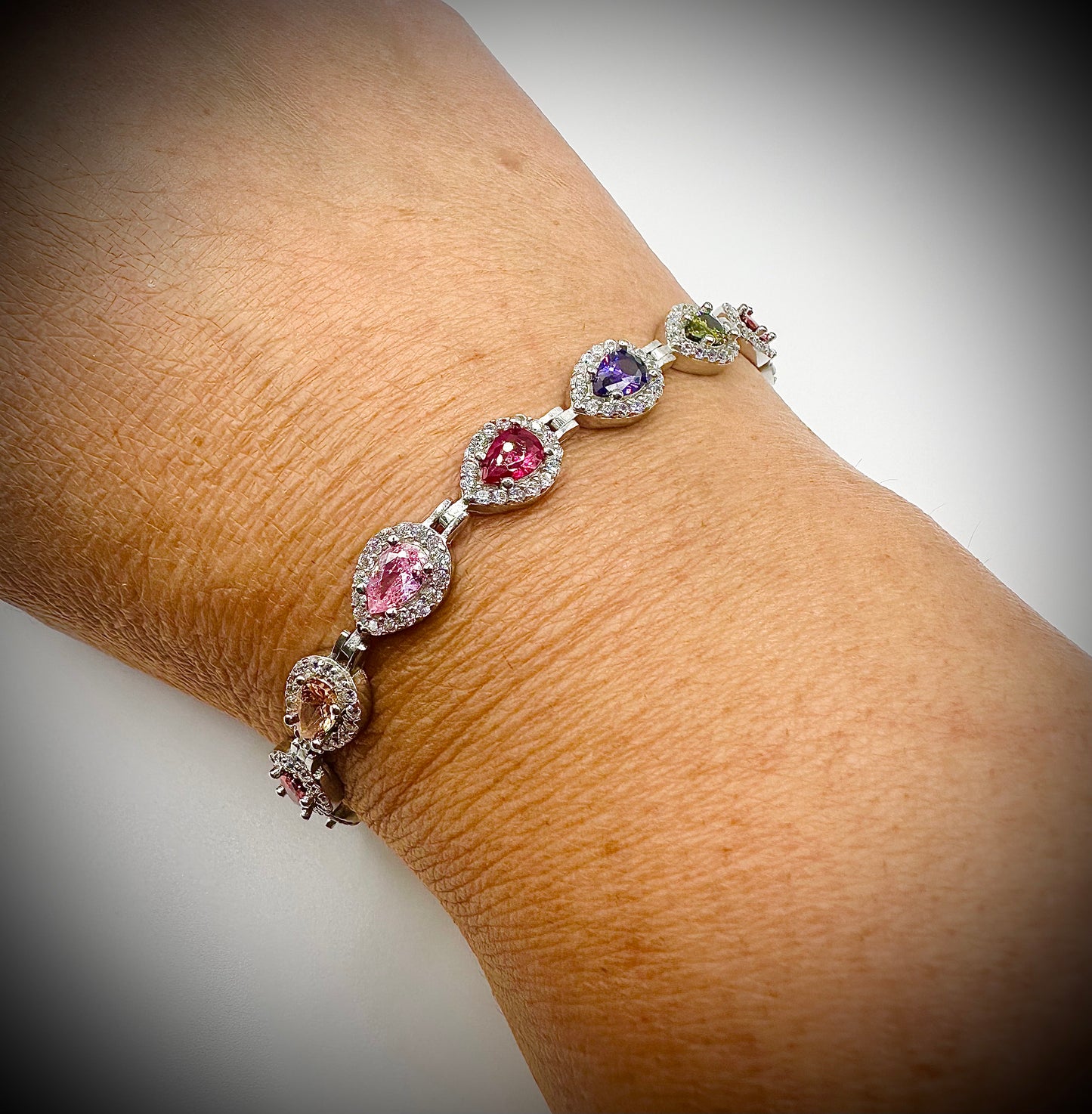 Multi-Color Pear Shaped Tennis Bracelet – Sterling Silver