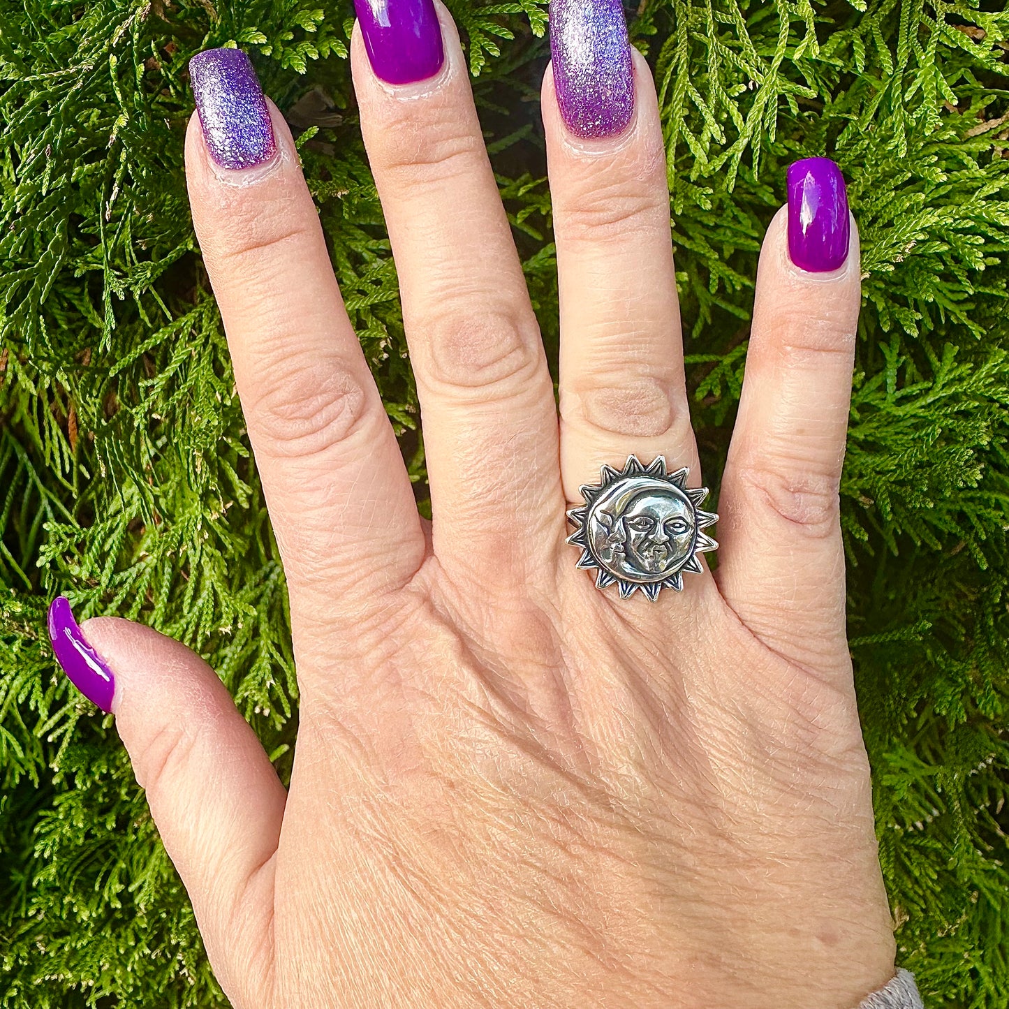 Women's Oxidized Silver Sun & Moon Ring – Sizes 5-10