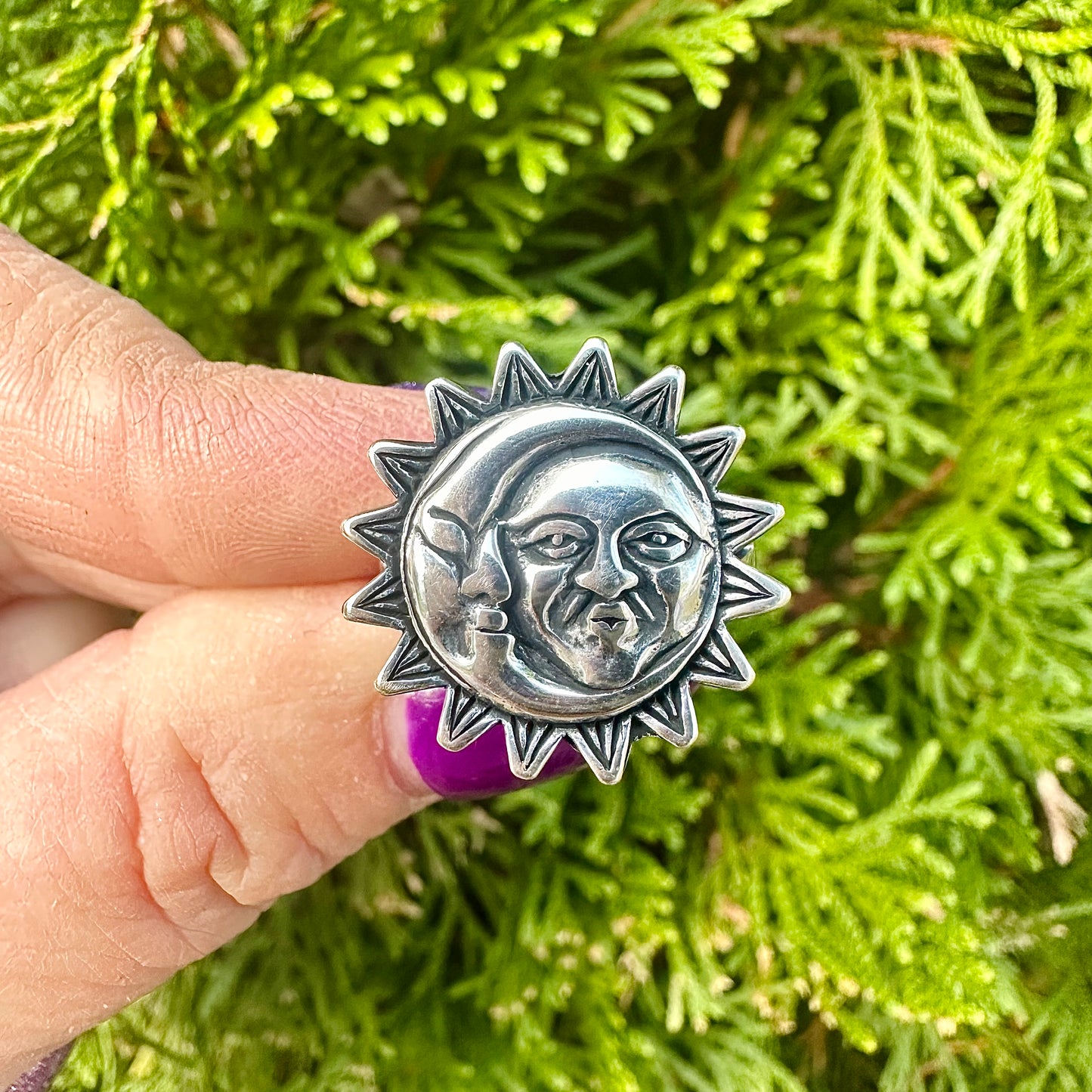 Women's Oxidized Silver Sun & Moon Ring – Sizes 5-10