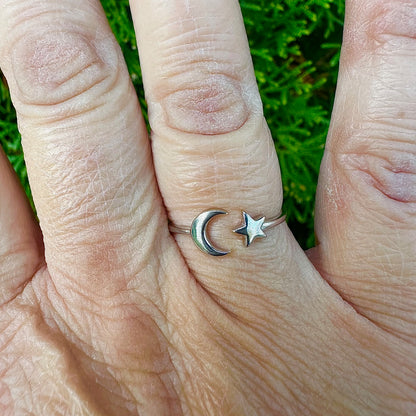 Crescent Moon and Star Ring – 3 Finishes, Sizes 5-10