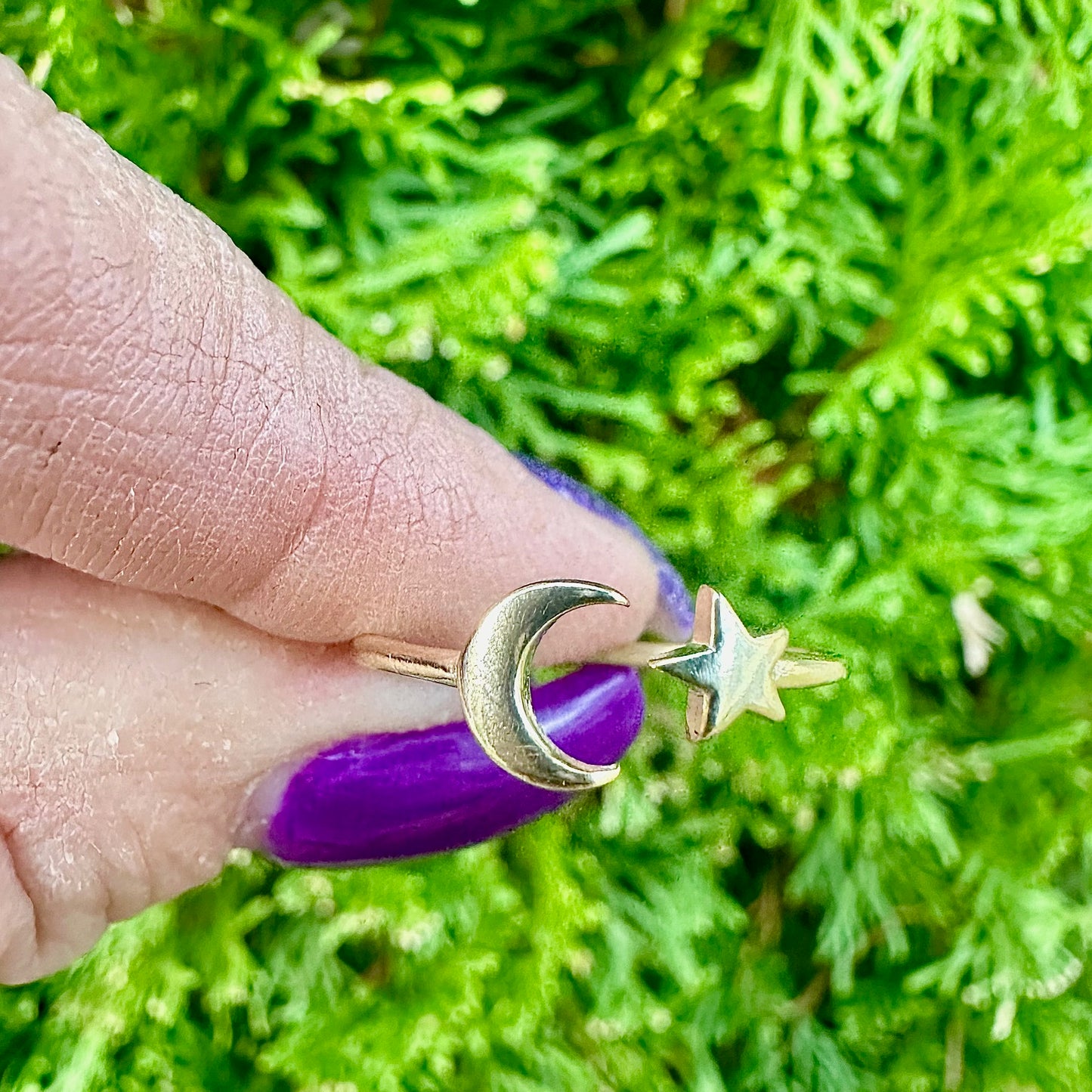 Crescent Moon and Star Ring – 3 Finishes, Sizes 5-10