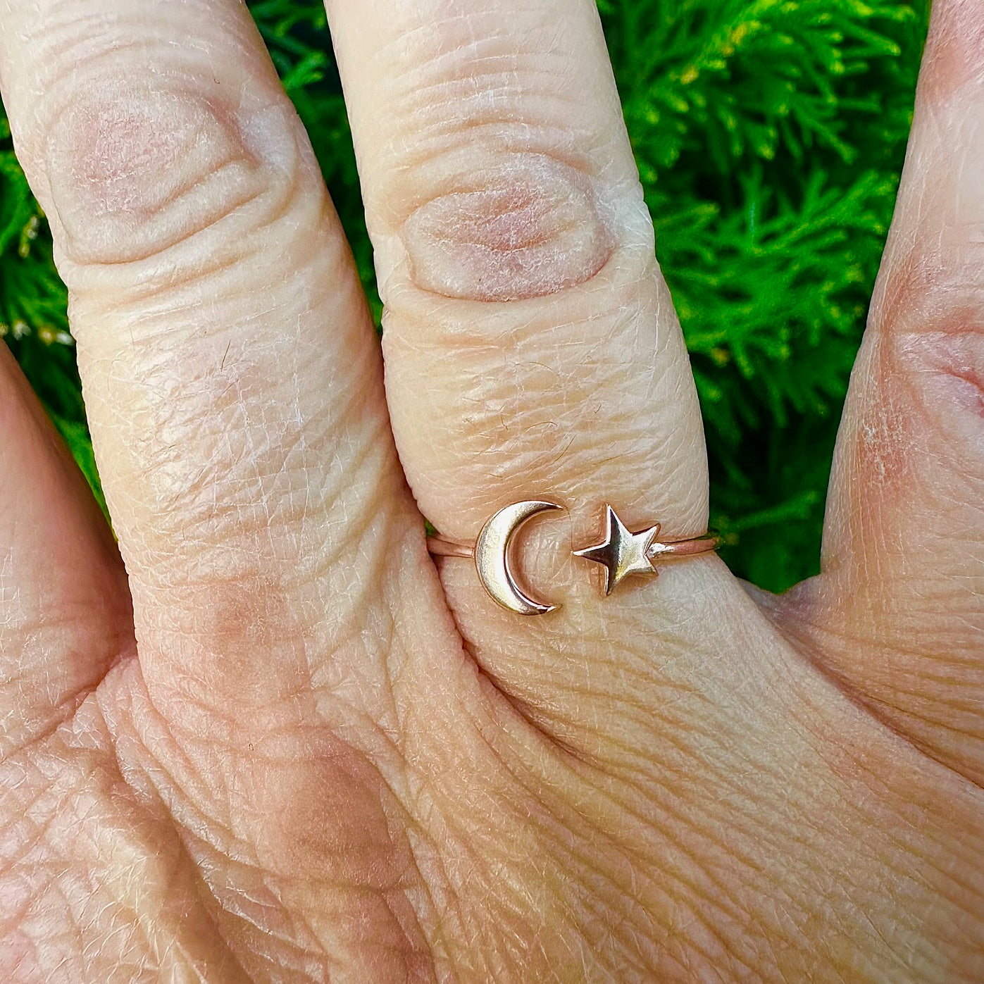 Crescent Moon and Star Ring – 3 Finishes, Sizes 5-10