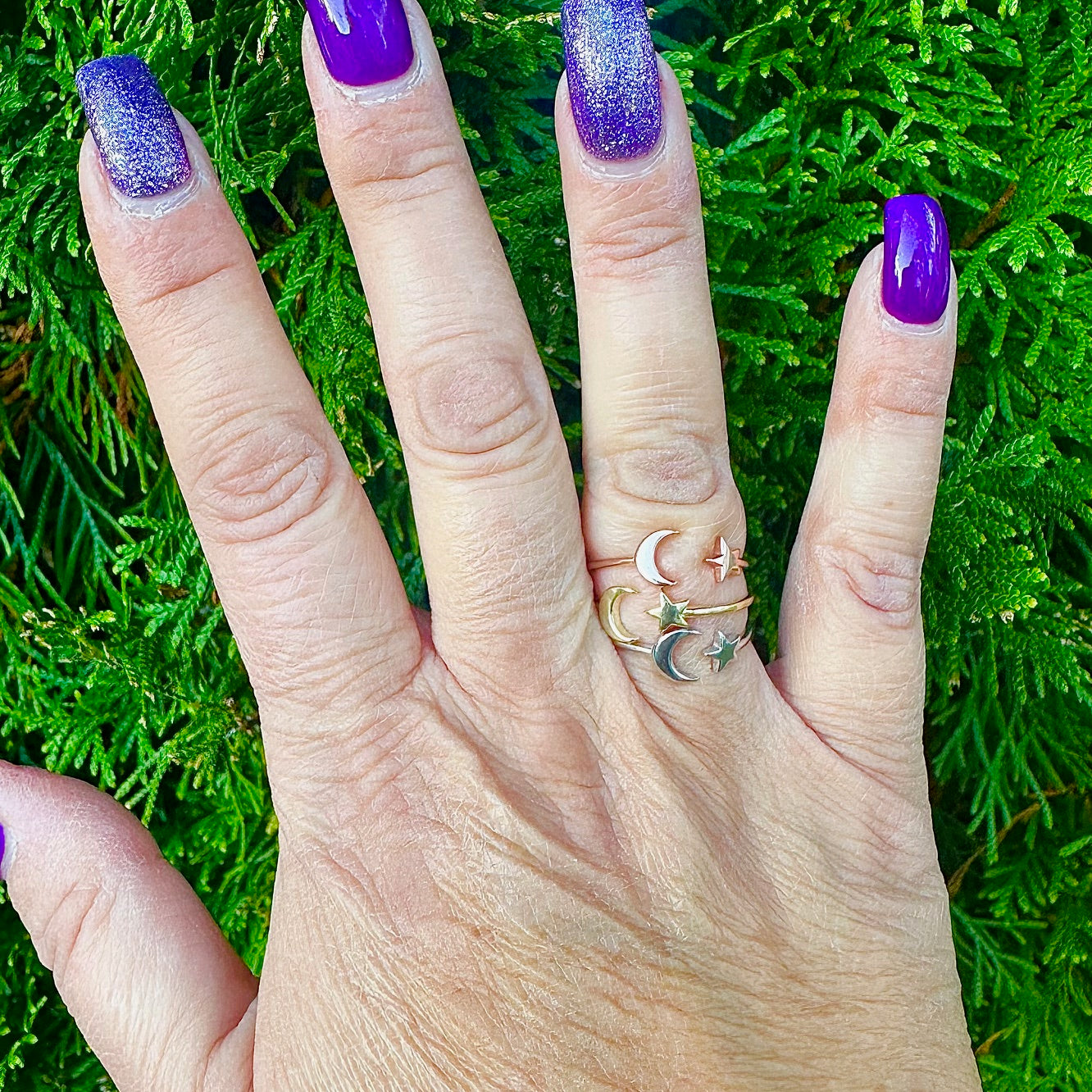 Crescent Moon and Star Ring – 3 Finishes, Sizes 5-10