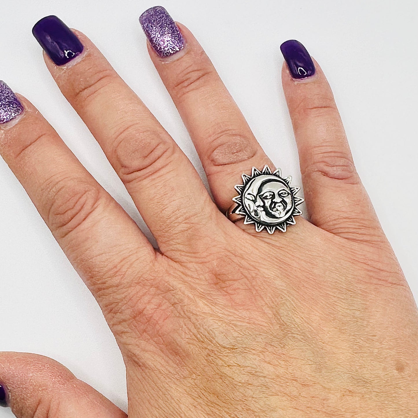 Women's Oxidized Silver Sun & Moon Ring – Sizes 5-10