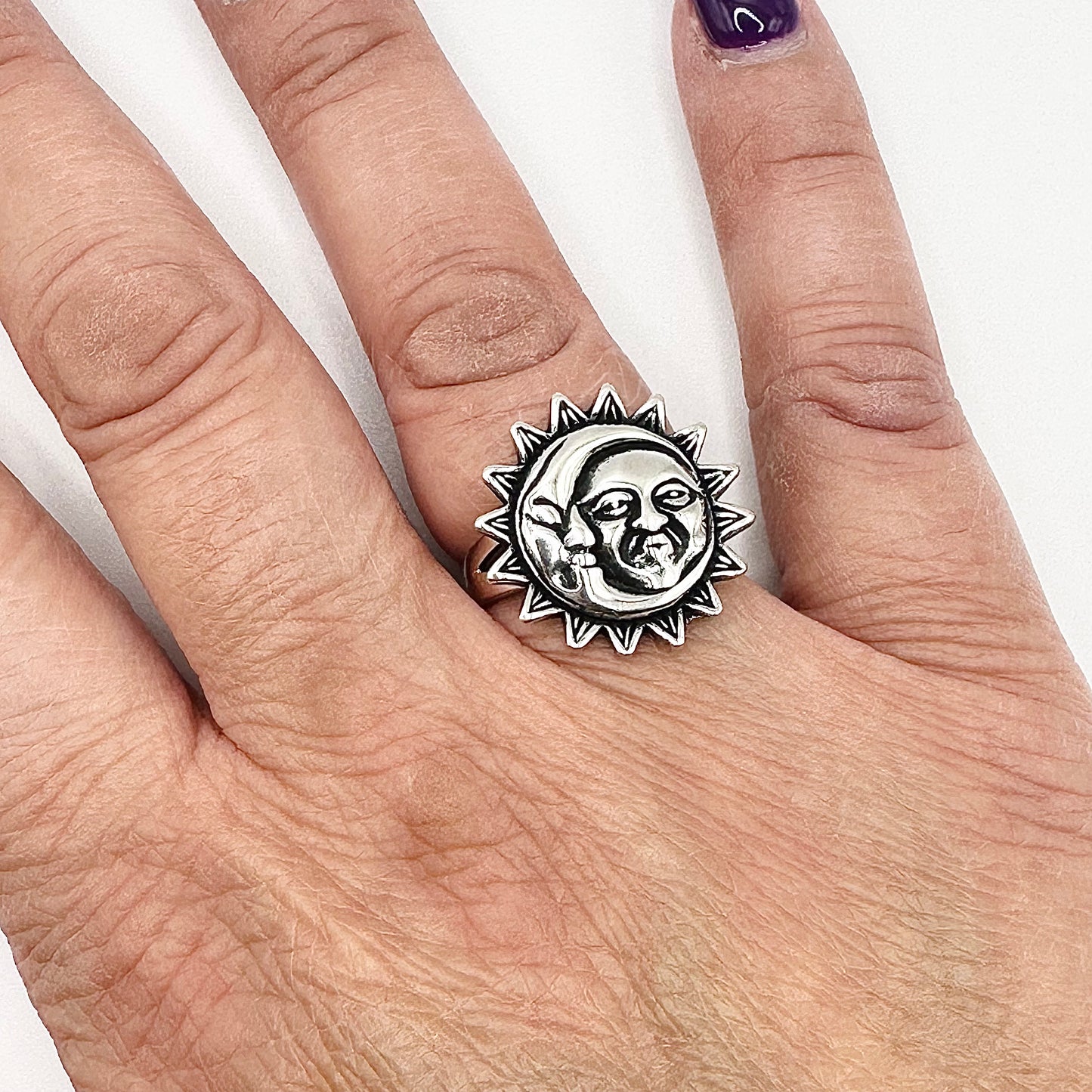 Women's Oxidized Silver Sun & Moon Ring – Sizes 5-10