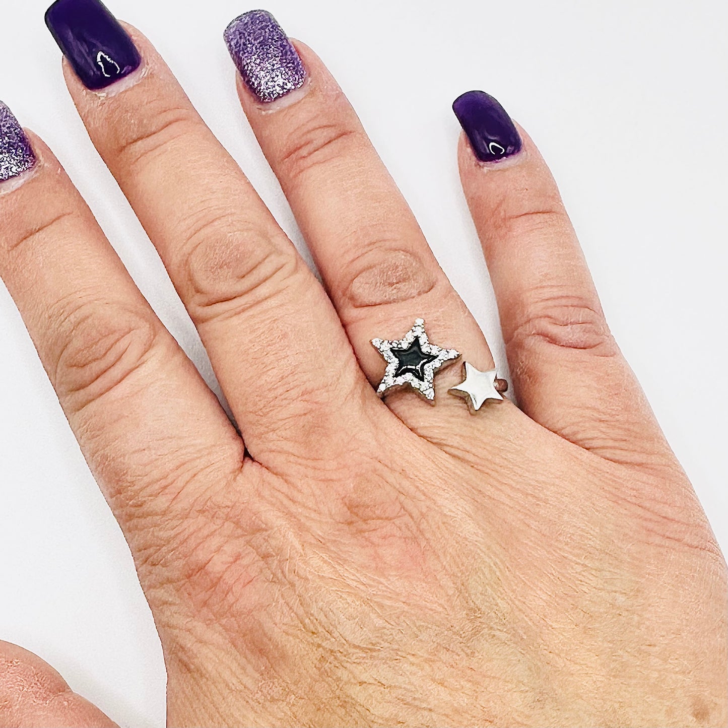 Women's Silver and Onyx Stars Ring – Sizes 5-10