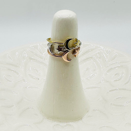 Crescent Moon and Star Ring – 3 Finishes, Sizes 5-10