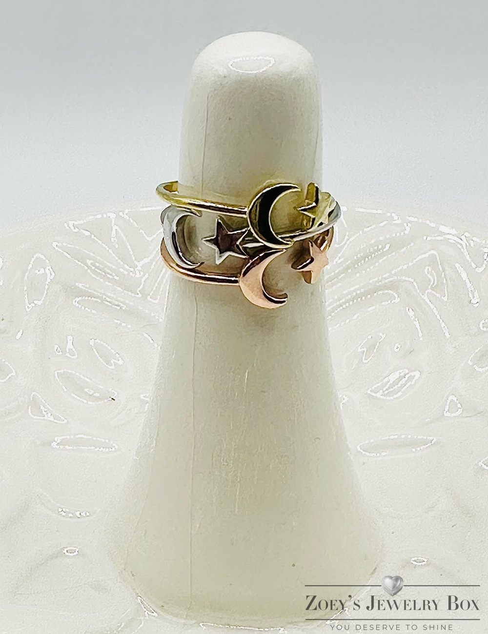 Crescent Moon and Star Ring – 3 Finishes, Sizes 5-10