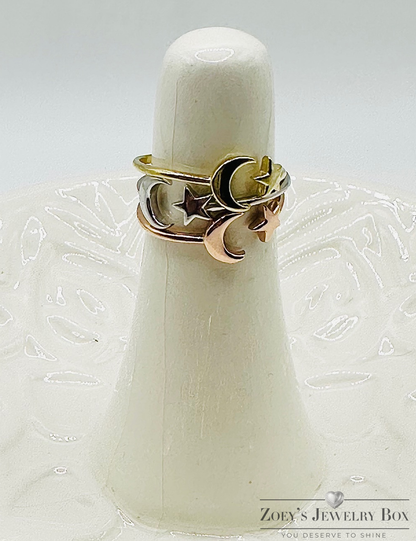 Crescent Moon and Star Ring – 3 Finishes, Sizes 5-10