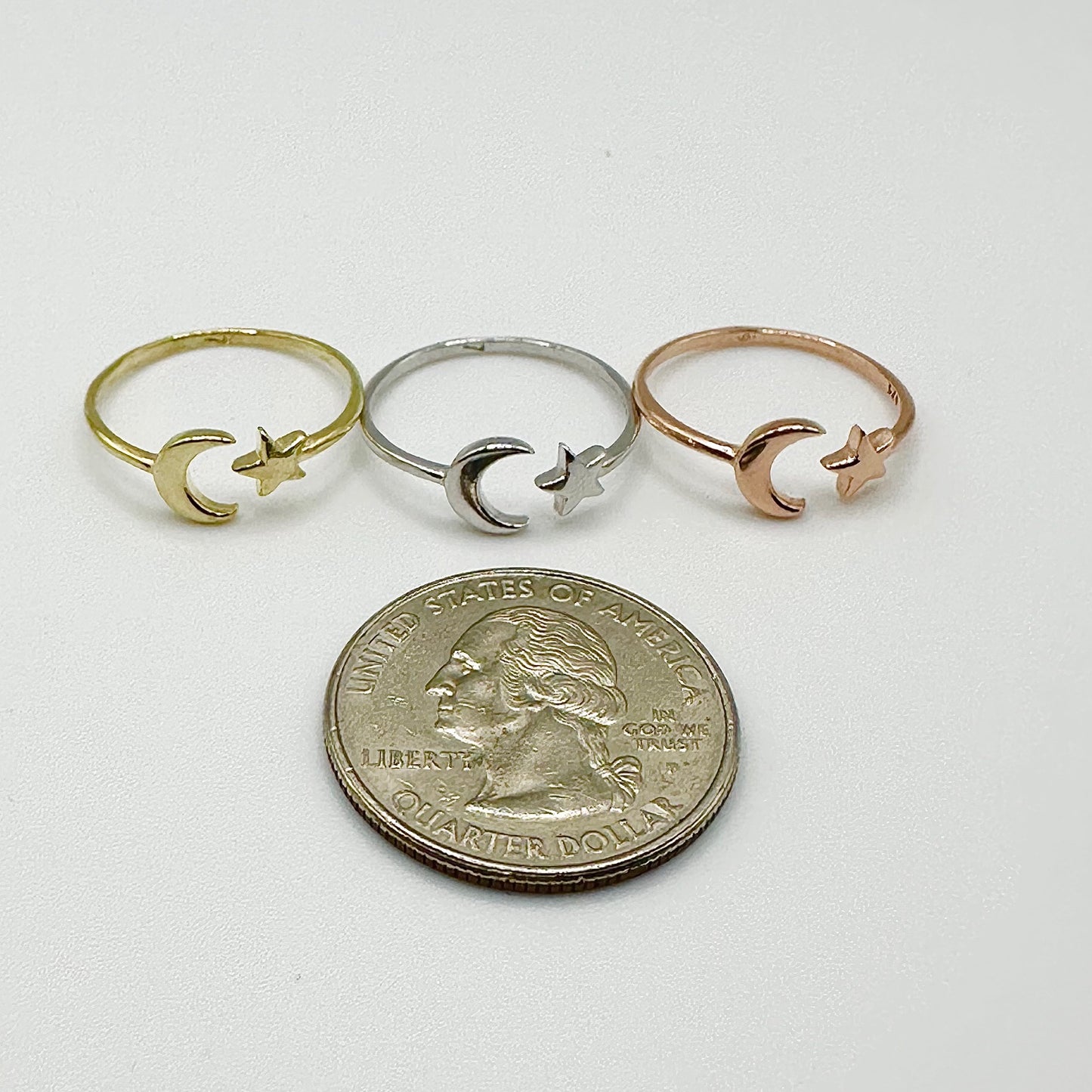 Crescent Moon and Star Ring – 3 Finishes, Sizes 5-10