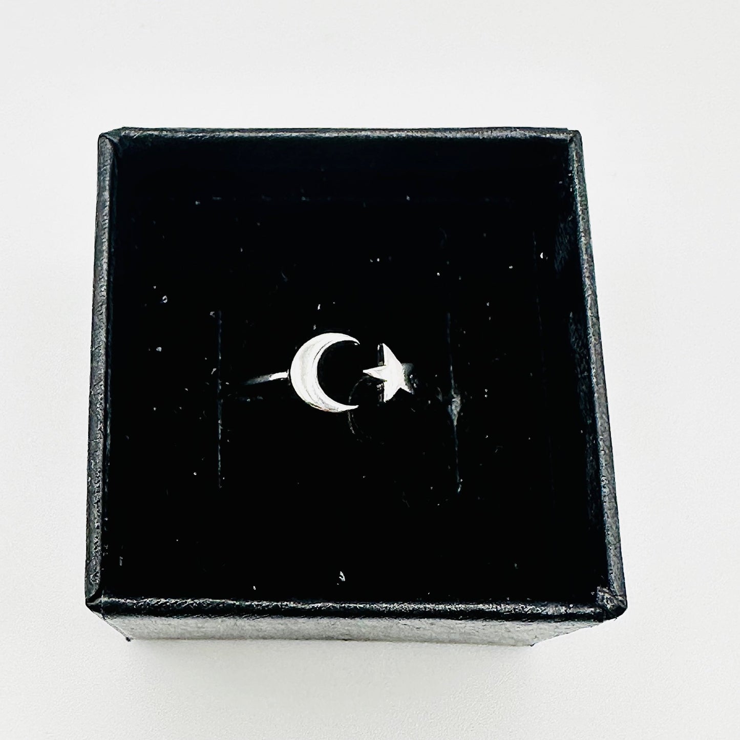 Crescent Moon and Star Ring – 3 Finishes, Sizes 5-10