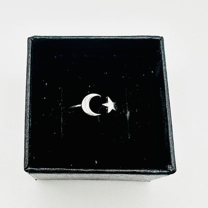 Crescent Moon and Star Ring – 3 Finishes, Sizes 5-10