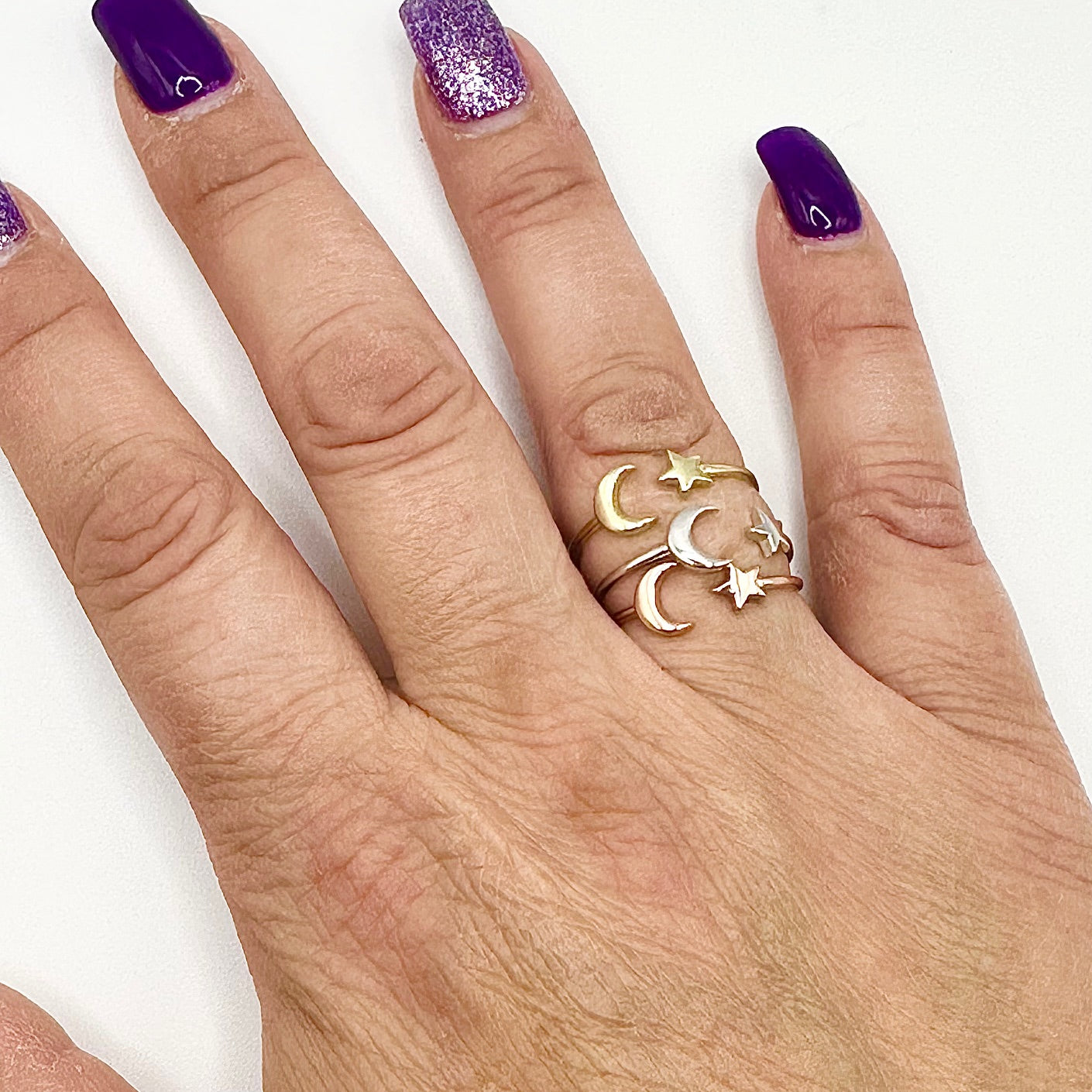 Crescent Moon and Star Ring – 3 Finishes, Sizes 5-10