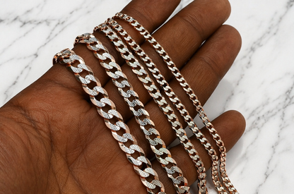 Two Tone Diamond Cut FLAT Curb Cuban Chains 14k Rose Gold Finish & Solid 925 Sterling Silver 3mm to 10.5mm (Copy)