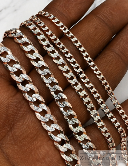 Two Tone Diamond Cut FLAT Curb Cuban Chains 14k Rose Gold Finish & Solid 925 Sterling Silver 3mm to 10.5mm