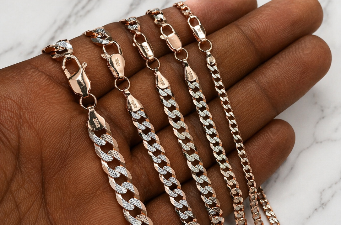 Two Tone Diamond Cut FLAT Curb Cuban Chains 14k Rose Gold Finish & Solid 925 Sterling Silver 3mm to 10.5mm (Copy)