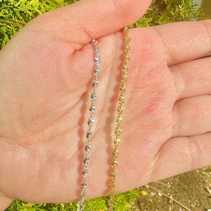Unisex 2.5mm Twisted Singapore Rope Chain Necklace -  Solid 925 Sterling Silver or 14k Gold Finish