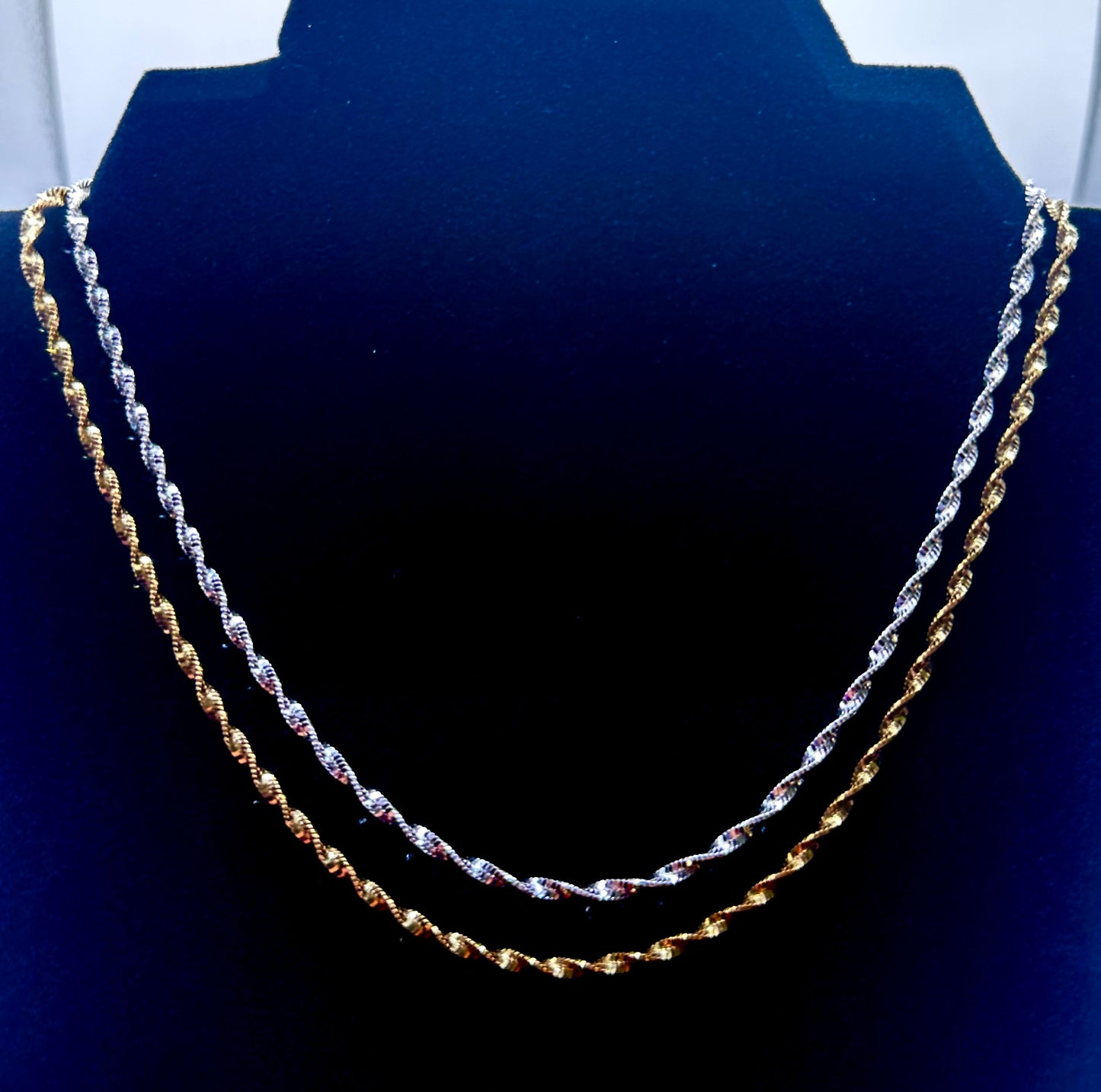 Unisex 2.5mm Twisted Singapore Rope Chain Necklace -  Solid 925 Sterling Silver or 14k Gold Finish