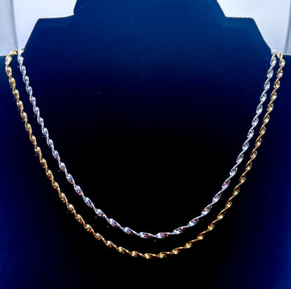 Unisex 2.5mm Twisted Singapore Rope Chain Necklace -  Solid 925 Sterling Silver or 14k Gold Finish