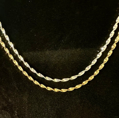Unisex 2.5mm Twisted Singapore Rope Chain Necklace -  Solid 925 Sterling Silver or 14k Gold Finish