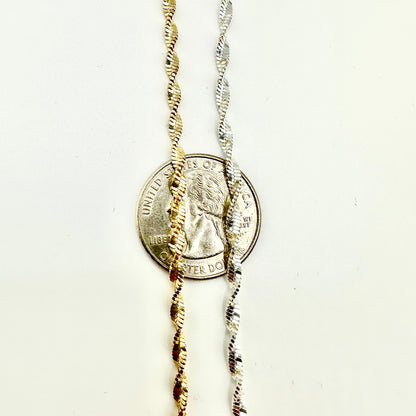 Unisex 2.5mm Twisted Singapore Rope Chain Necklace -  Solid 925 Sterling Silver or 14k Gold Finish
