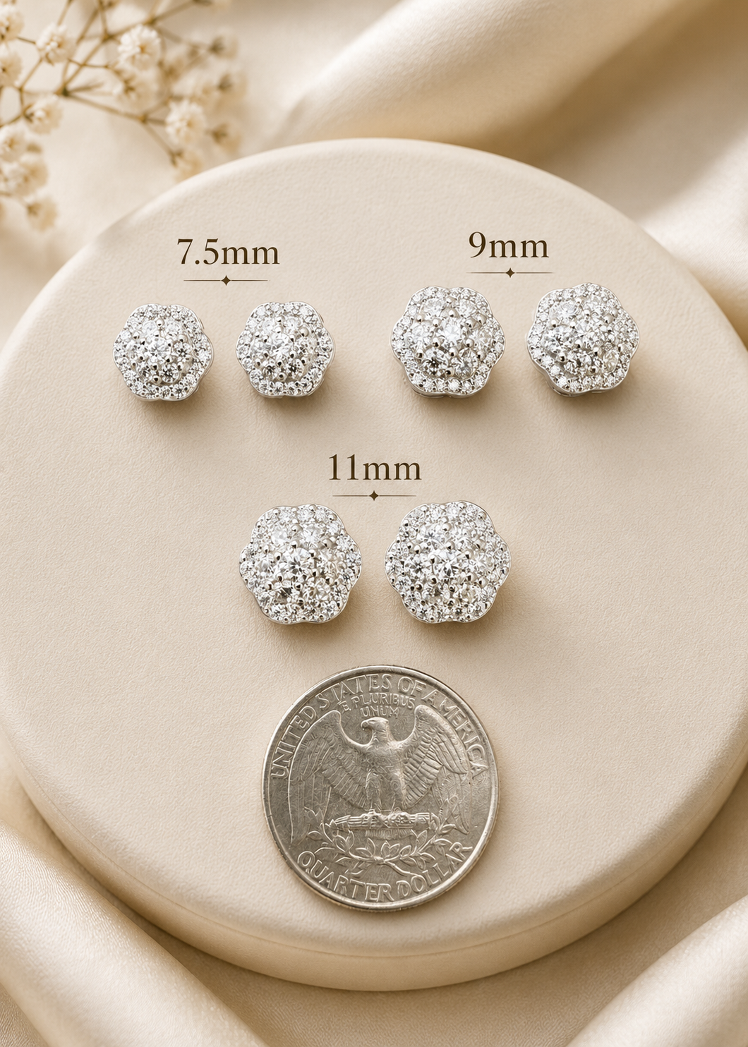 925 Sterling Silver Moissanite Floral Cluster Stud Earrings 7.5mm - 11mm
