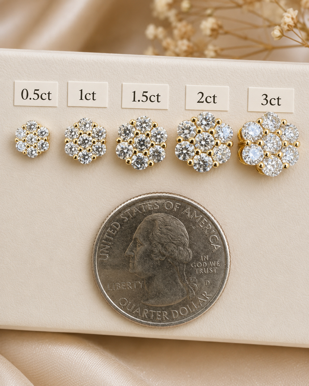 14k Gold Vermeil Over Sterling Silver Moissanite Floral Honeycomb Design Stud Earrings 6mm - 11mm
