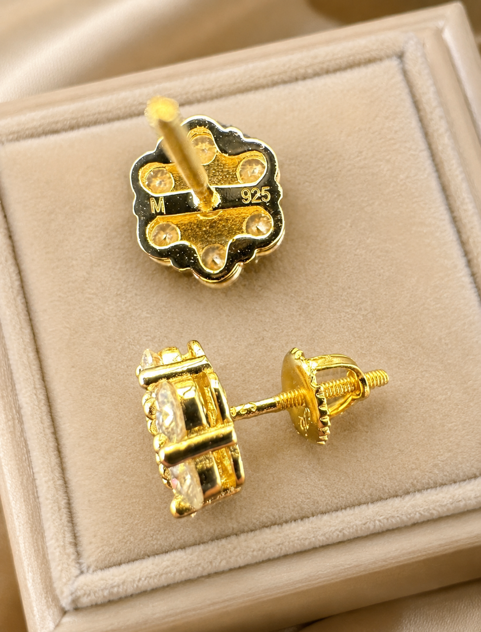 14k Gold Vermeil Over Sterling Silver Moissanite Floral Honeycomb Design Stud Earrings 6mm - 11mm