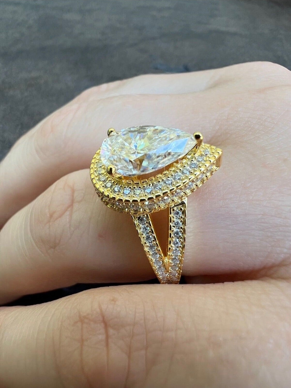 Pear Shape Moissanite Halo Ring in Gold