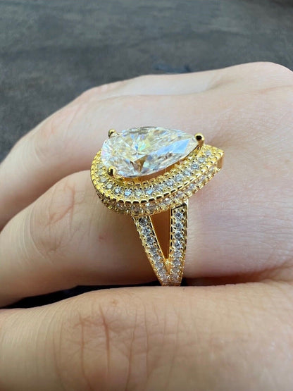 Pear Shape Moissanite Halo Ring in Gold
