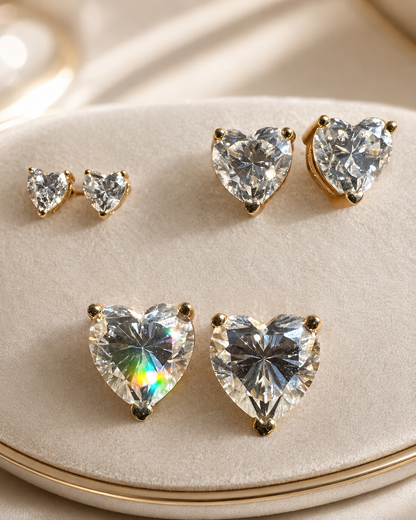 Moissanite HEART Stud Earrings 14K Gold Vermeil Over 925 Sterling Silver 3mm, 5mm, 7mm