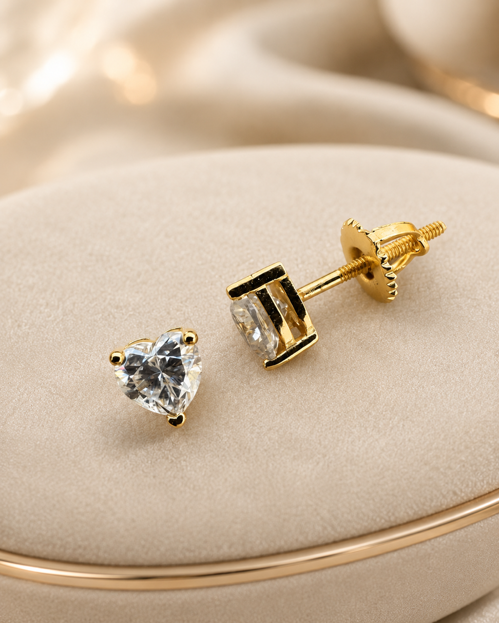Moissanite HEART Stud Earrings 14K Gold Vermeil Over 925 Sterling Silver 3mm, 5mm, 7mm