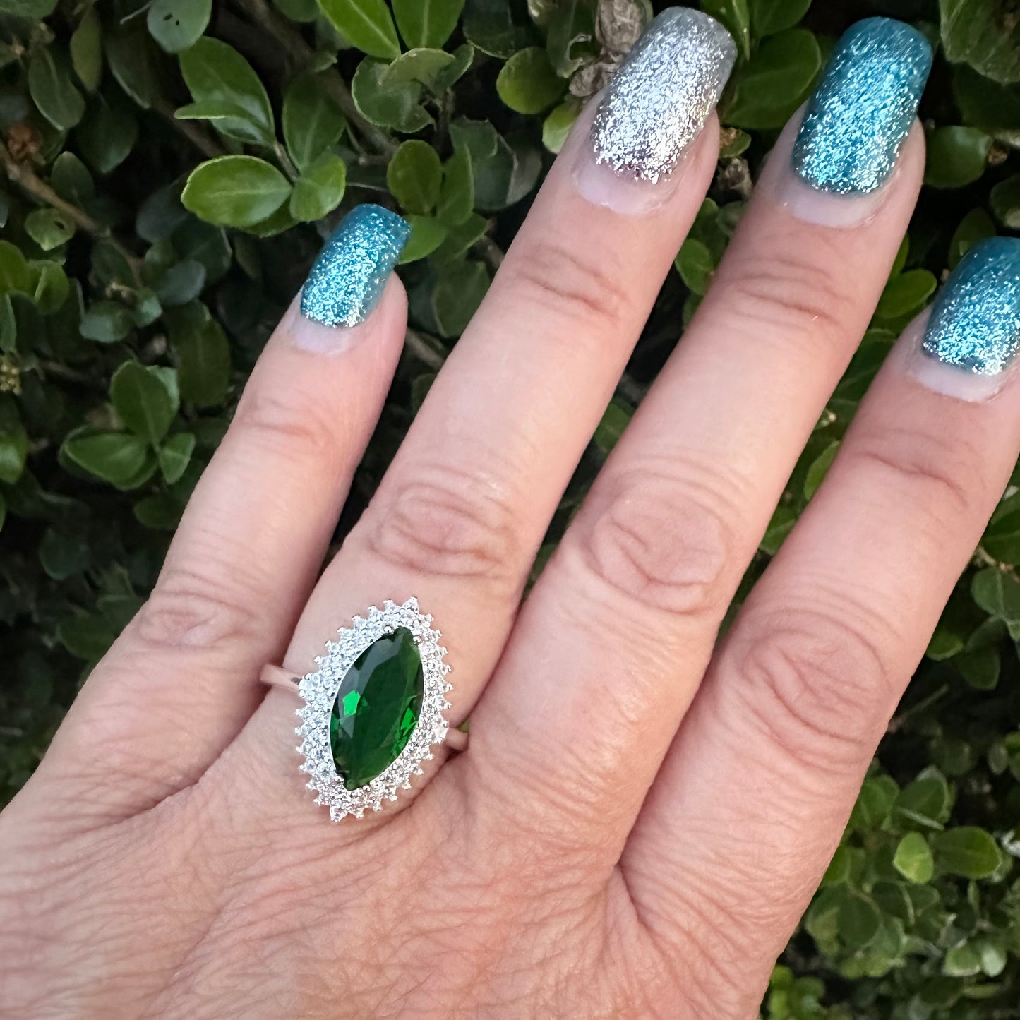 Marquise-Cut Synthetic Emerald Gem Stone Ring