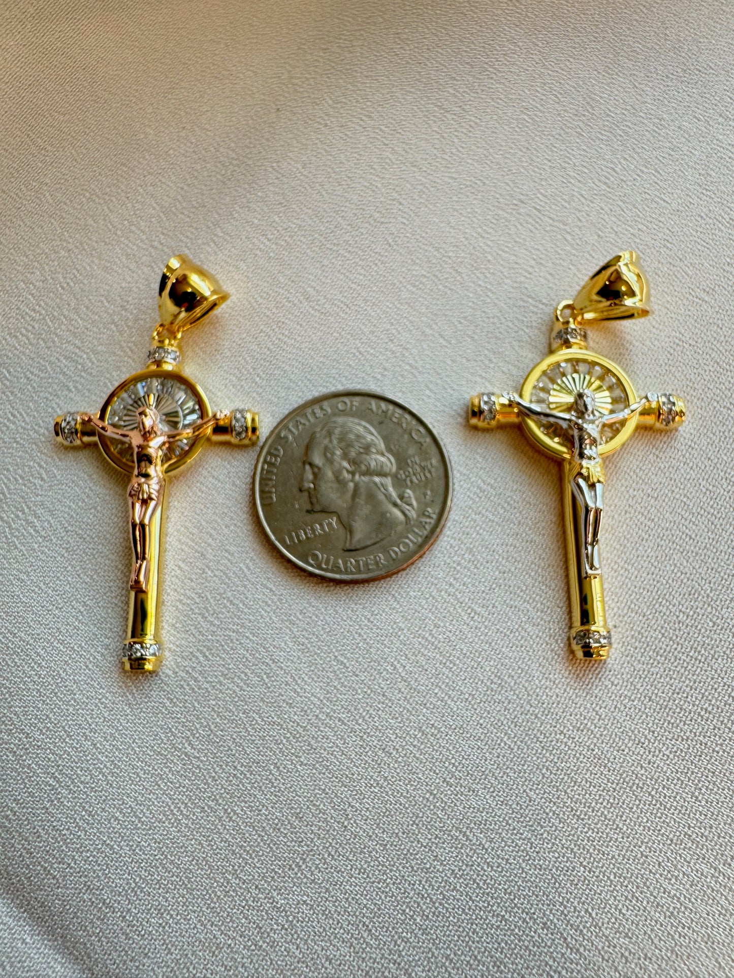 Two-Tone Baguette CZ Crucifix Pendants – Gold/Rose Gold or Gold/Rhodium Finish