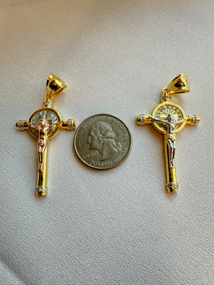 Two-Tone Baguette CZ Crucifix Pendants – Gold/Rose Gold or Gold/Rhodium Finish