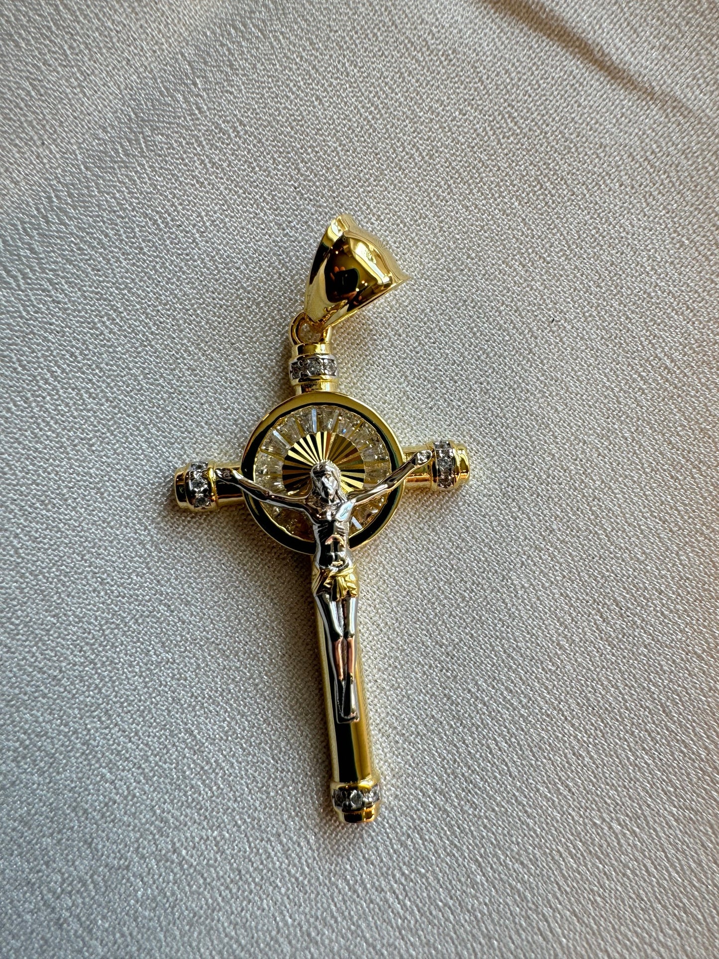 Two-Tone Baguette CZ Crucifix Pendants – Gold/Rose Gold or Gold/Rhodium Finish